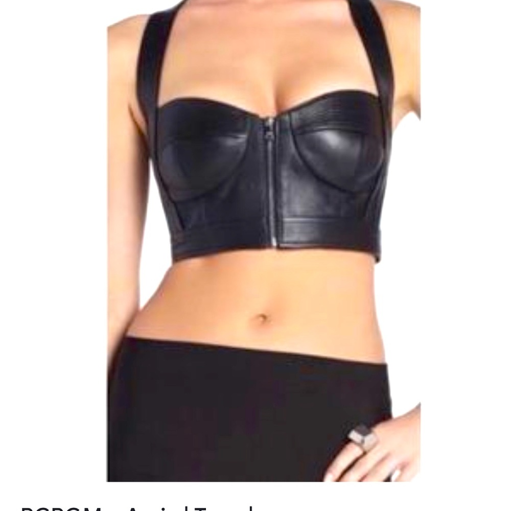 BCBG black leather bustier. Size L new/never worn